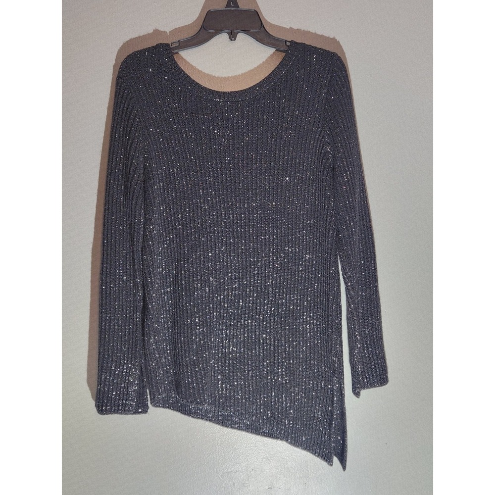 Womens I.N. Studio Black Metallic‎ Ribbed Knit Sweater - Long Sleeve
